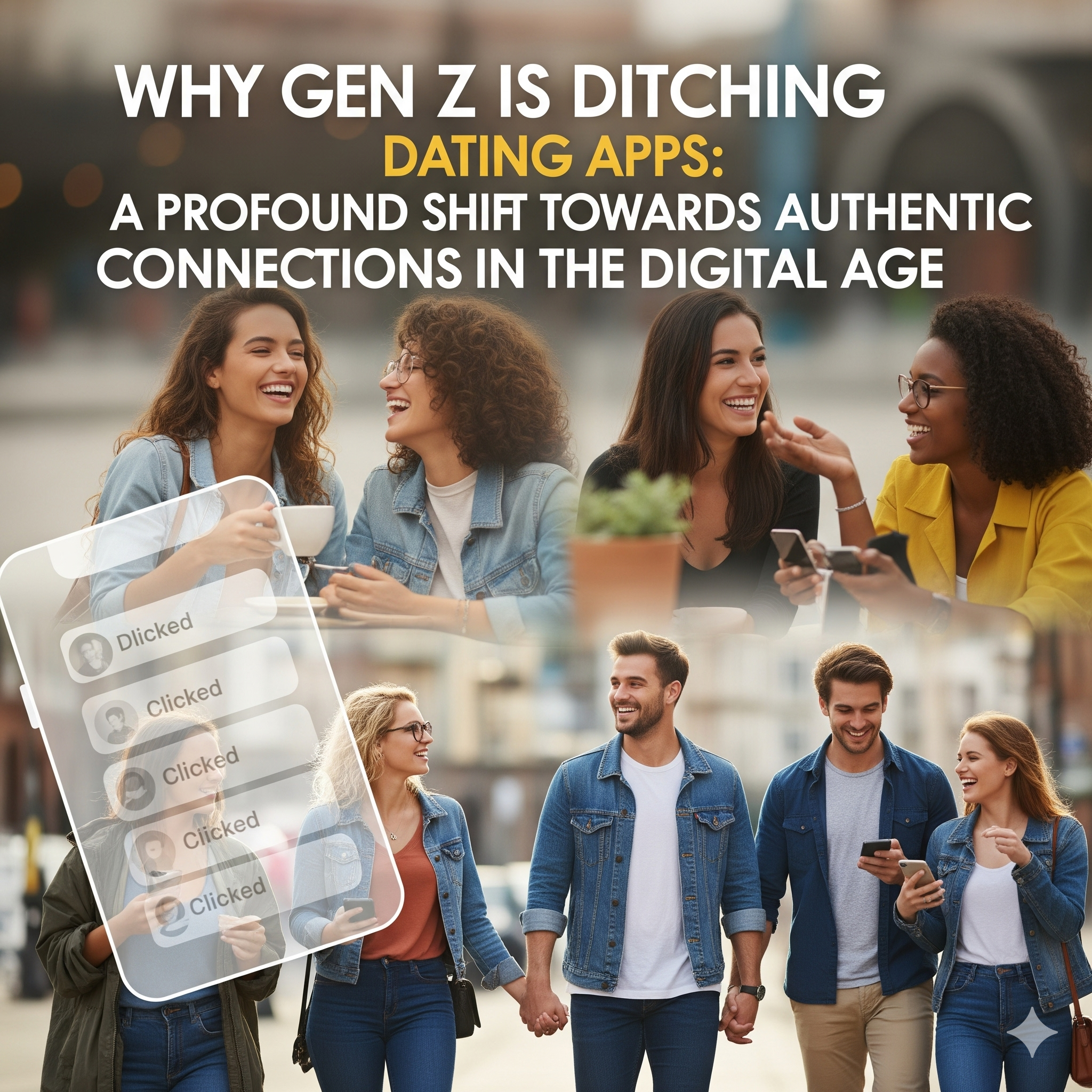 Gen Z rejecting dating apps for authentic in-person connections, showing groups of young people socializing outdoors