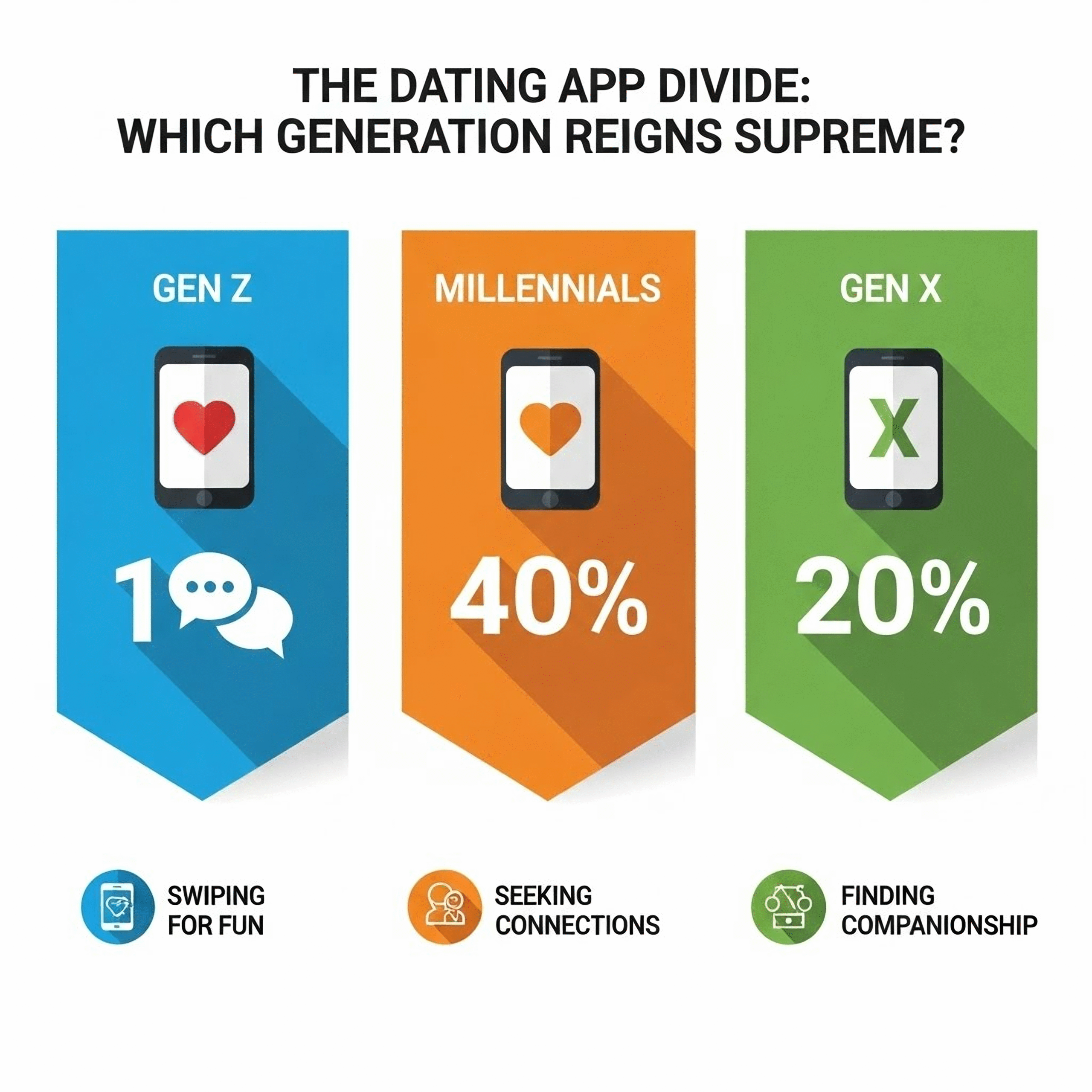 Chart showing dating app usage by generation: Gen Z 10% swiping for fun, Millennials 40% seeking connections, Gen X 20%