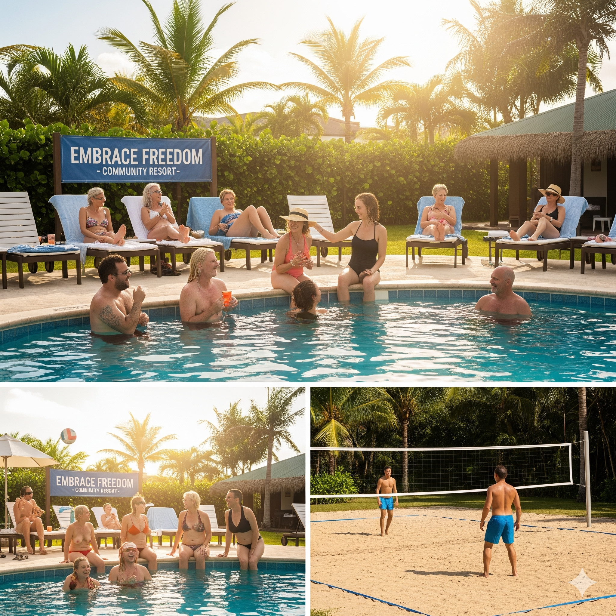 Embrace Freedom Community Resort guests enjoying pool activities, beach volleyball, and socializing in a tropical nudist