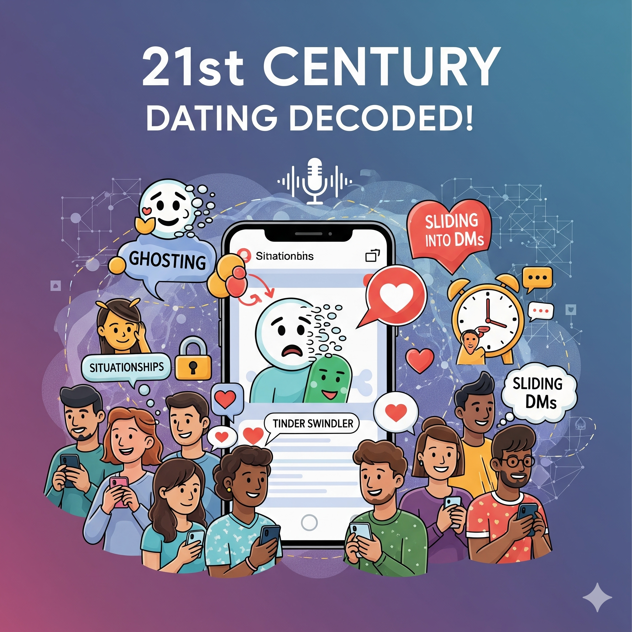 Illustrated infographic about modern dating terms including ghosting, situationships, and sliding into DMs, with diverse