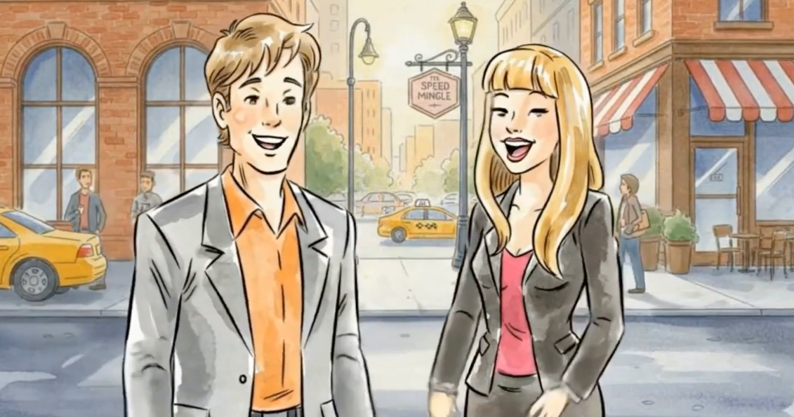 Two smiling Speed Mingle hosts, Alice and Zack, stand on a vibrant city street with yellow taxis and brick buildings