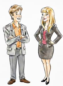 Professional man and woman in business attire representing Speed Mingle dating service licensee opportunity