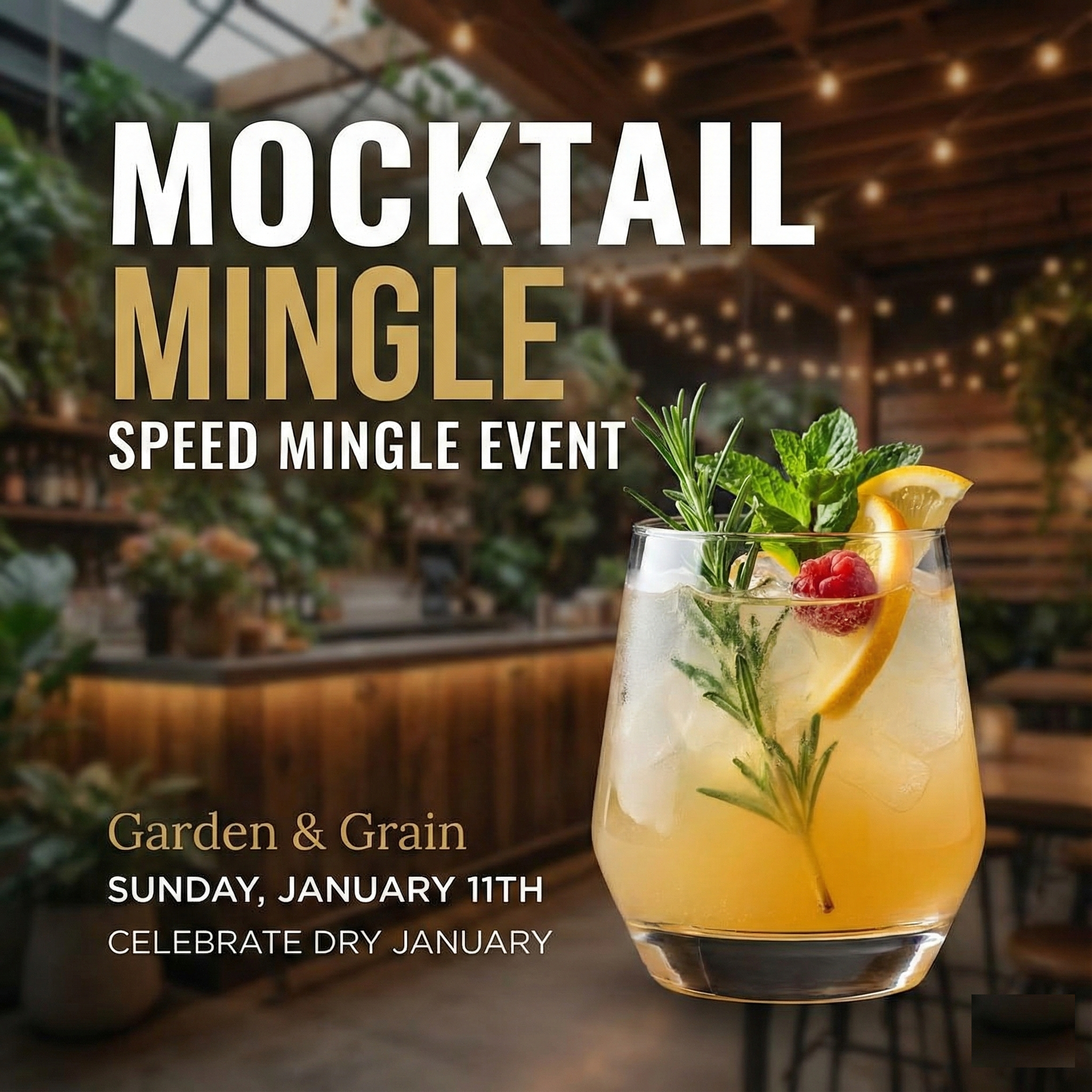 Mocktail Mingle speed mingle event at Garden & Grain featuring a refreshing non-alcoholic drink garnished with lemon, mint,