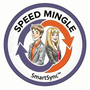 Speed Mingle SmartSync icon featuring two professionals with circular arrows symbolizing speed dating matching technology